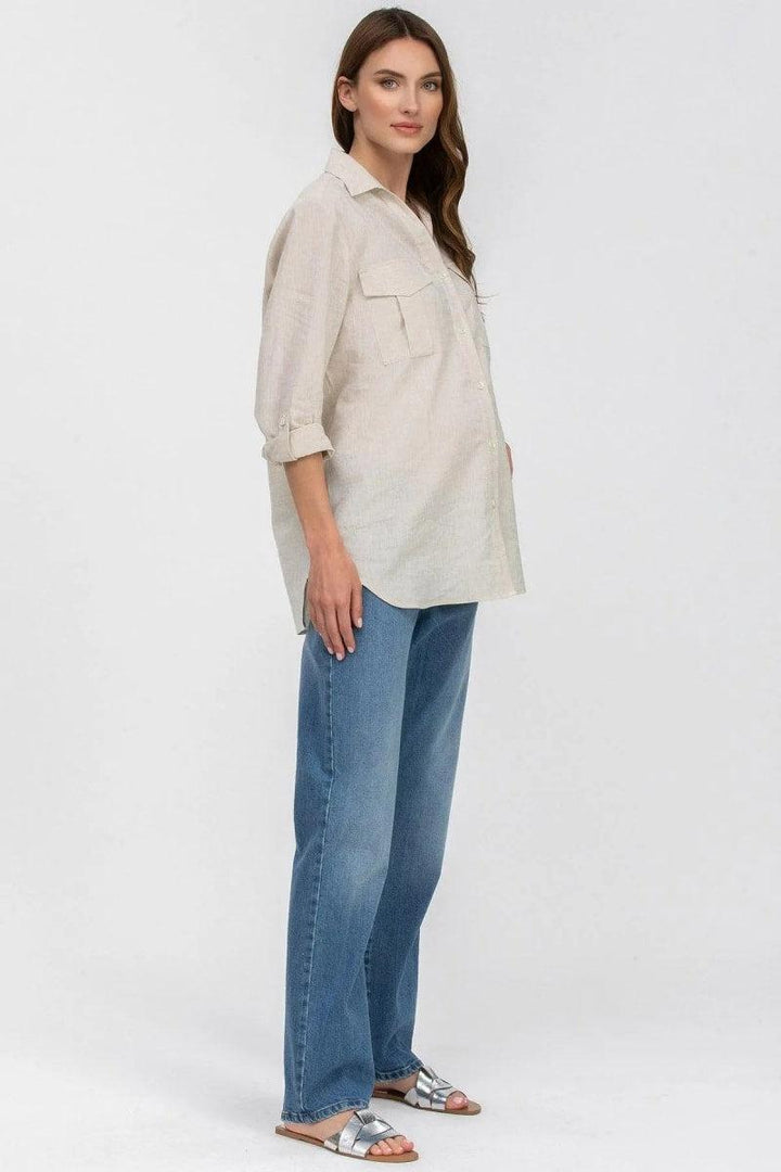 SAFARI POCKET Linen Utility Maternity Shirt - Oat Milk