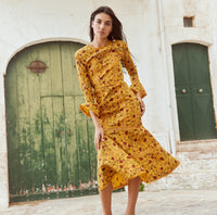 Tina Fluted Pencil Dress - Golden Marguerite & Chili Floral print