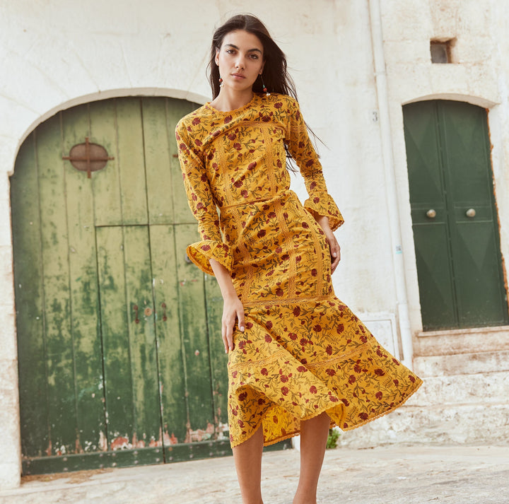 Tina Fluted Pencil Dress - Golden Marguerite & Chili Floral print