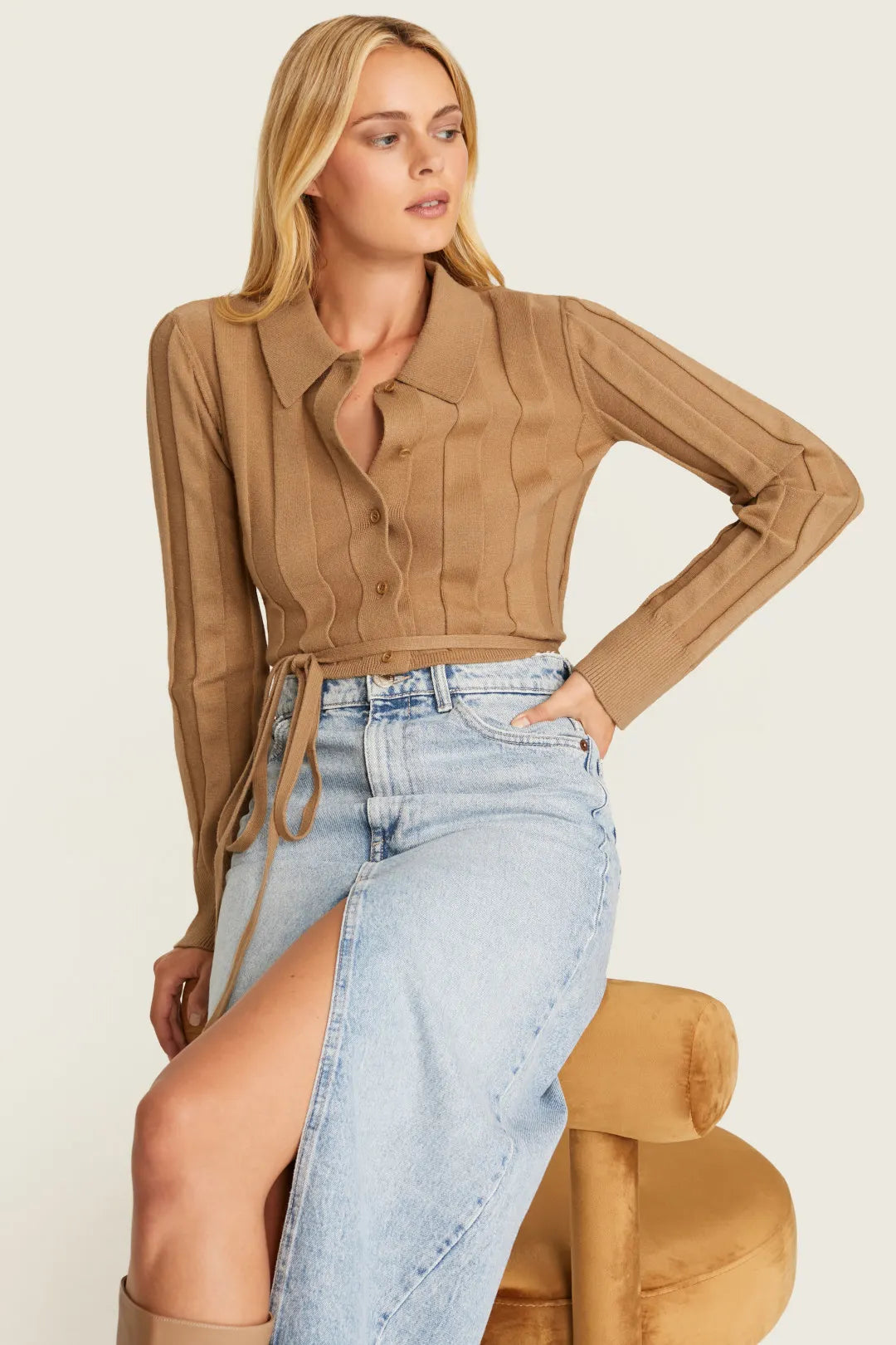 Waist Tie Button Up Sweater - Tan