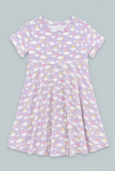 Lavender Rainbows And Clouds Cap Sleeve Swirly Girl Dress - Rainbow Clouds - Dresses