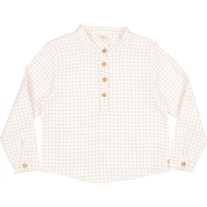 Half Button Down Mini Check Shirt - Terracotta Tops Buho 