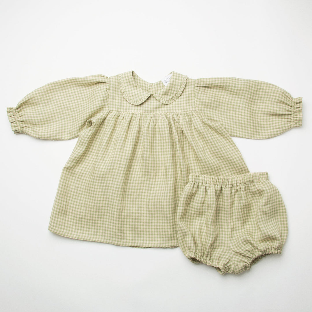 Marbles Dress Skipping Bloomer Set - Pistachio Mini Check Linen