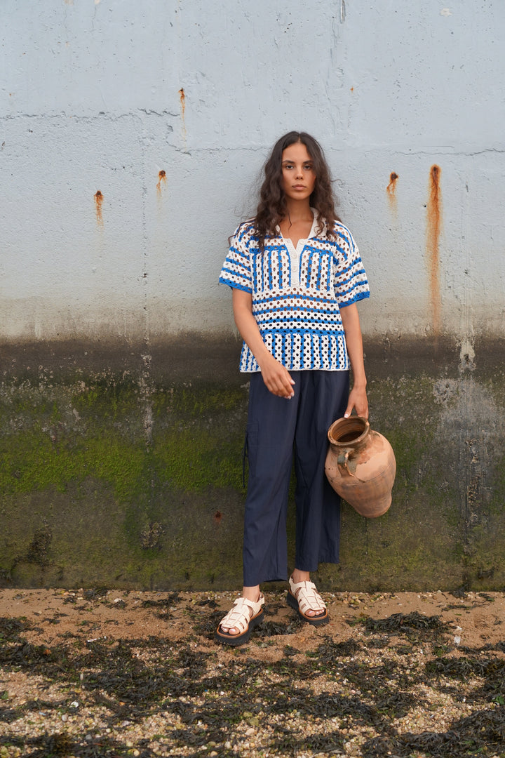 Striped Crochet Polo - Cerulean