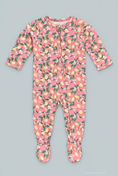 Lemon Floral Print Zipper Footie - Lemons Pink - Onesie