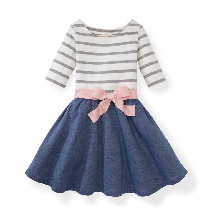 Lightweight Blocked Organic Skater Dress - Gray Stripe with Chambray - Dresses