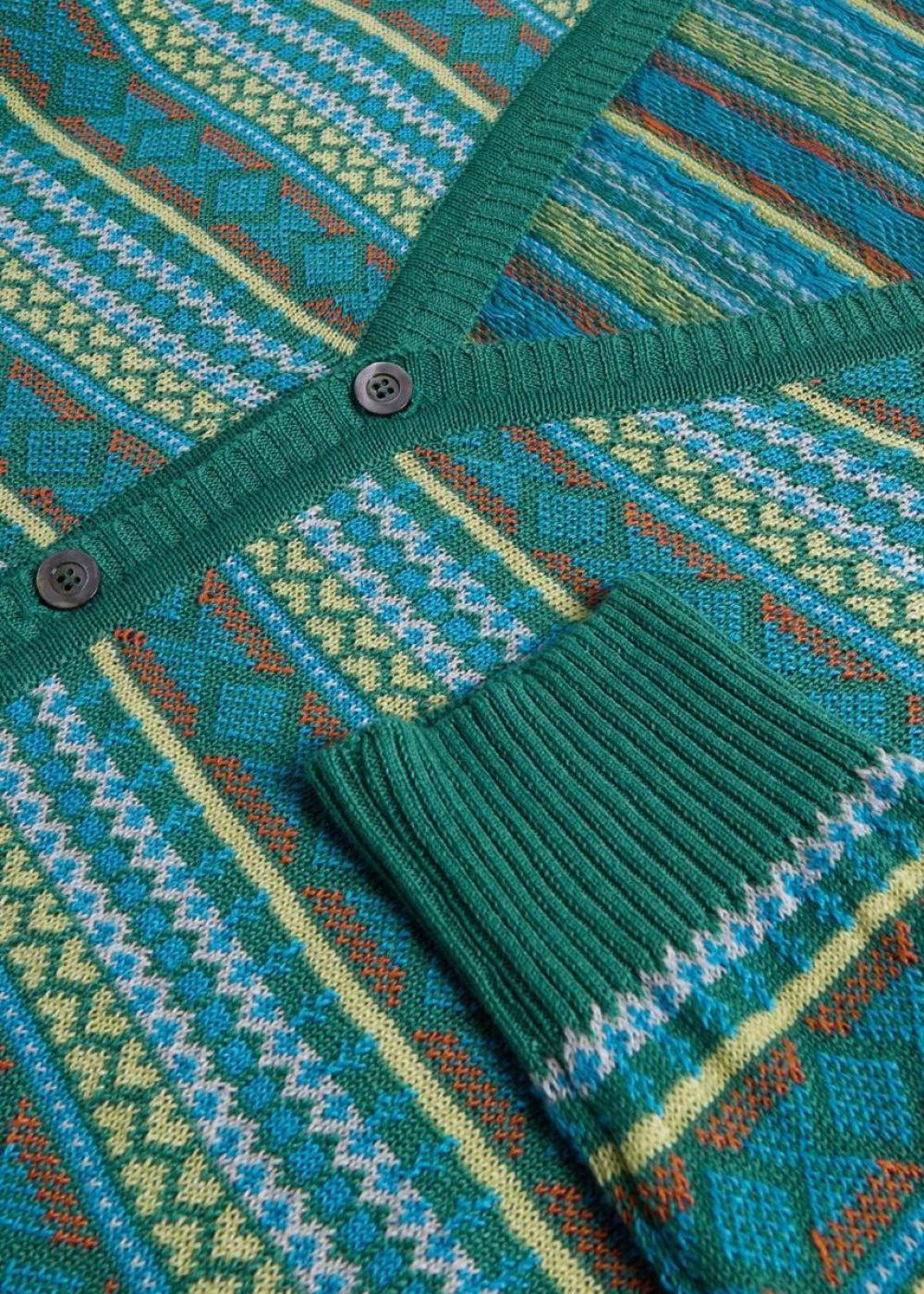 Linen & Cotton Fair Isle Cardigan - Green - Cardigan