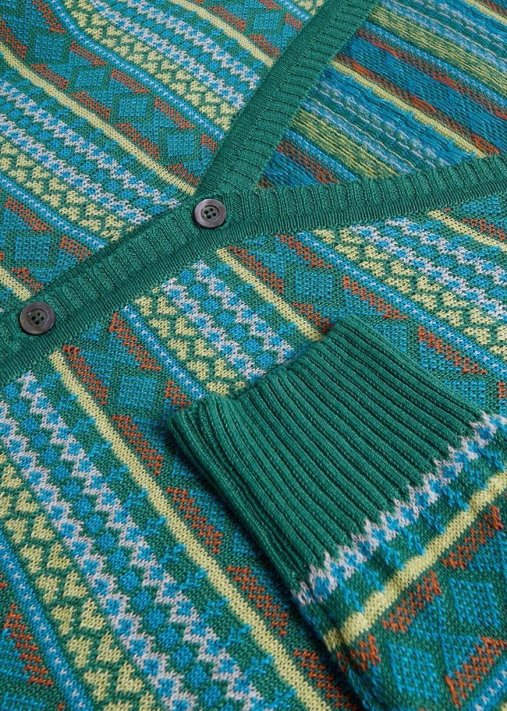 Linen & Cotton Fair Isle Cardigan - Green - Cardigan