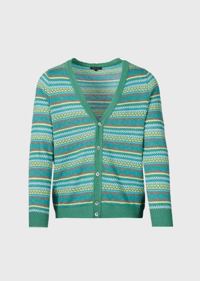 Linen & Cotton Fair Isle Cardigan - Green - Cardigan
