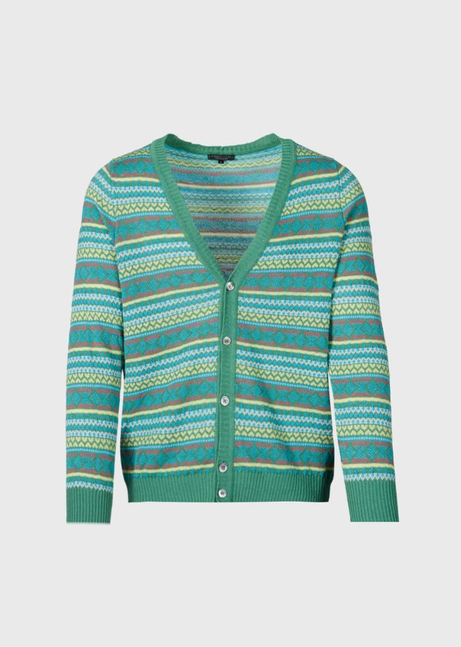 Linen & Cotton Fair Isle Cardigan - Green - Cardigan