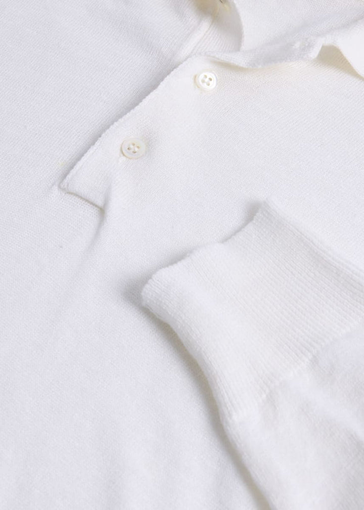 Linen & Cotton Long Sleeve Polo - White - Polo