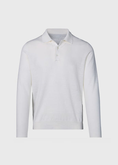 Linen & Cotton Long Sleeve Polo - White - Polo