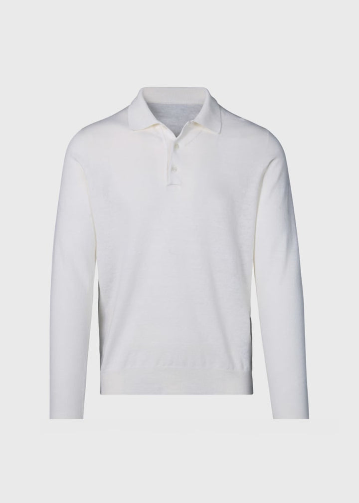 Linen & Cotton Long Sleeve Polo - White - Polo