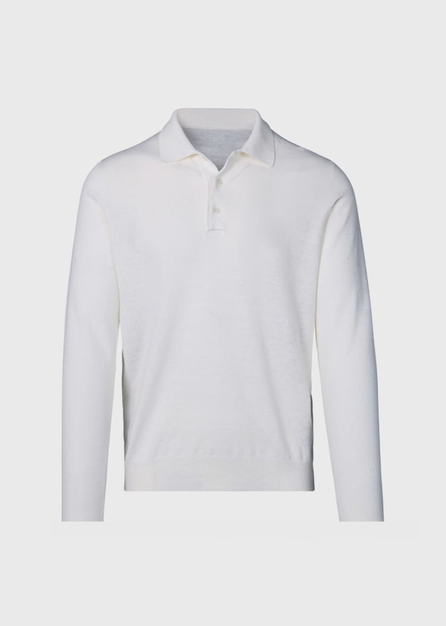 Linen & Cotton Long Sleeve Polo - White - Polo