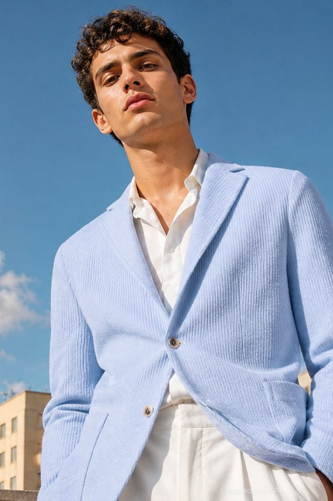 Linen & Cotton Sweater Jacket - Heather Blue - Blazer