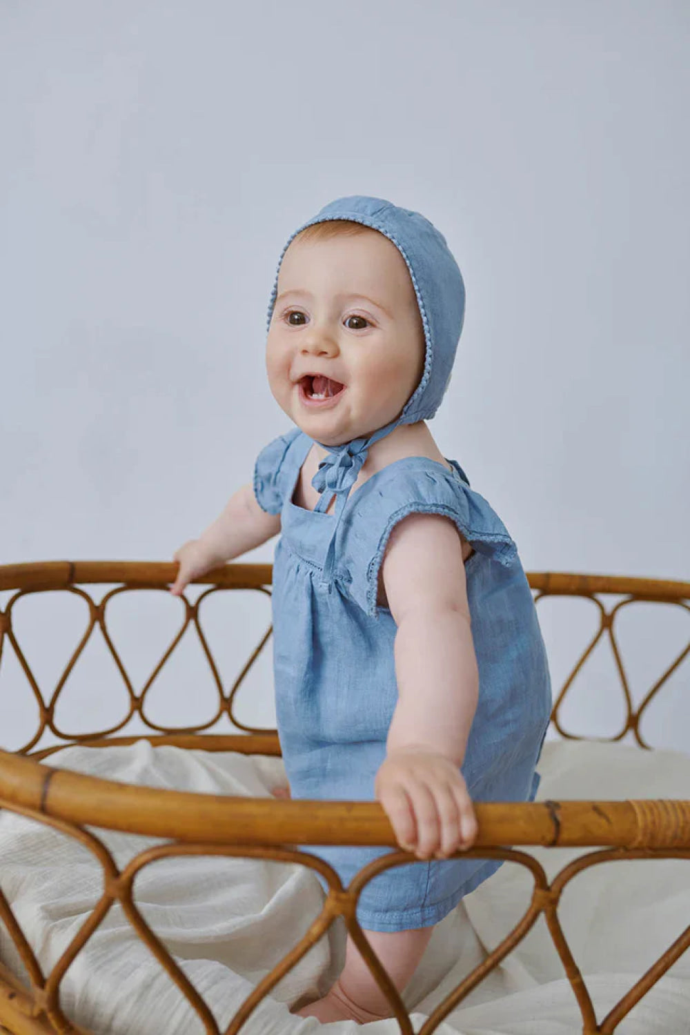 Linen lace baby dress - Sky blue - 6M - Dresses