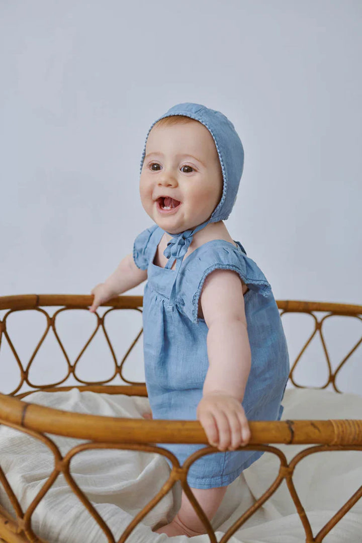 Linen lace baby dress - Sky blue - 6M - Dresses