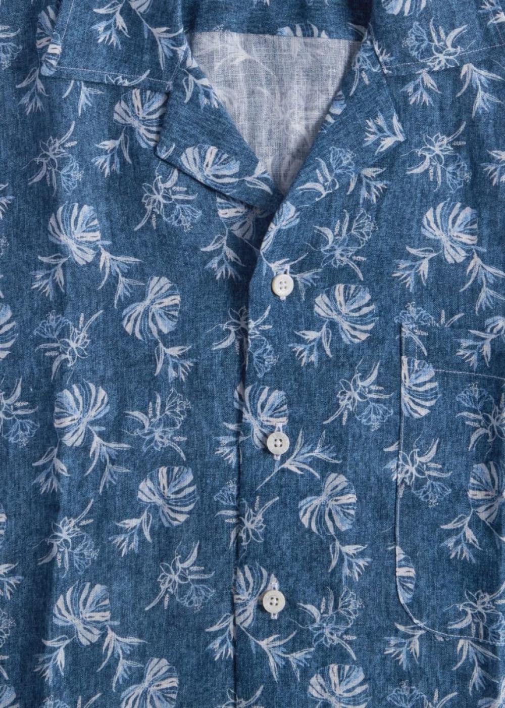 Linen Leaf Print Camp Shirt - Denim - Button Down Shirt