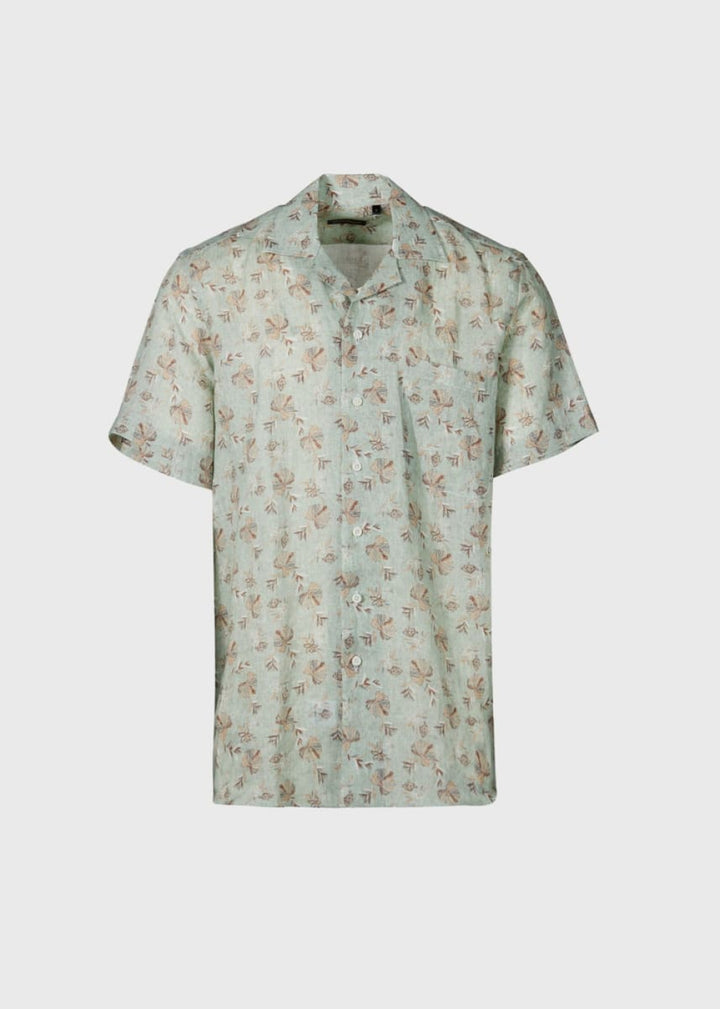 Linen Leaf Print Camp Shirt - Mint - XL (44) - Button Down Shirt