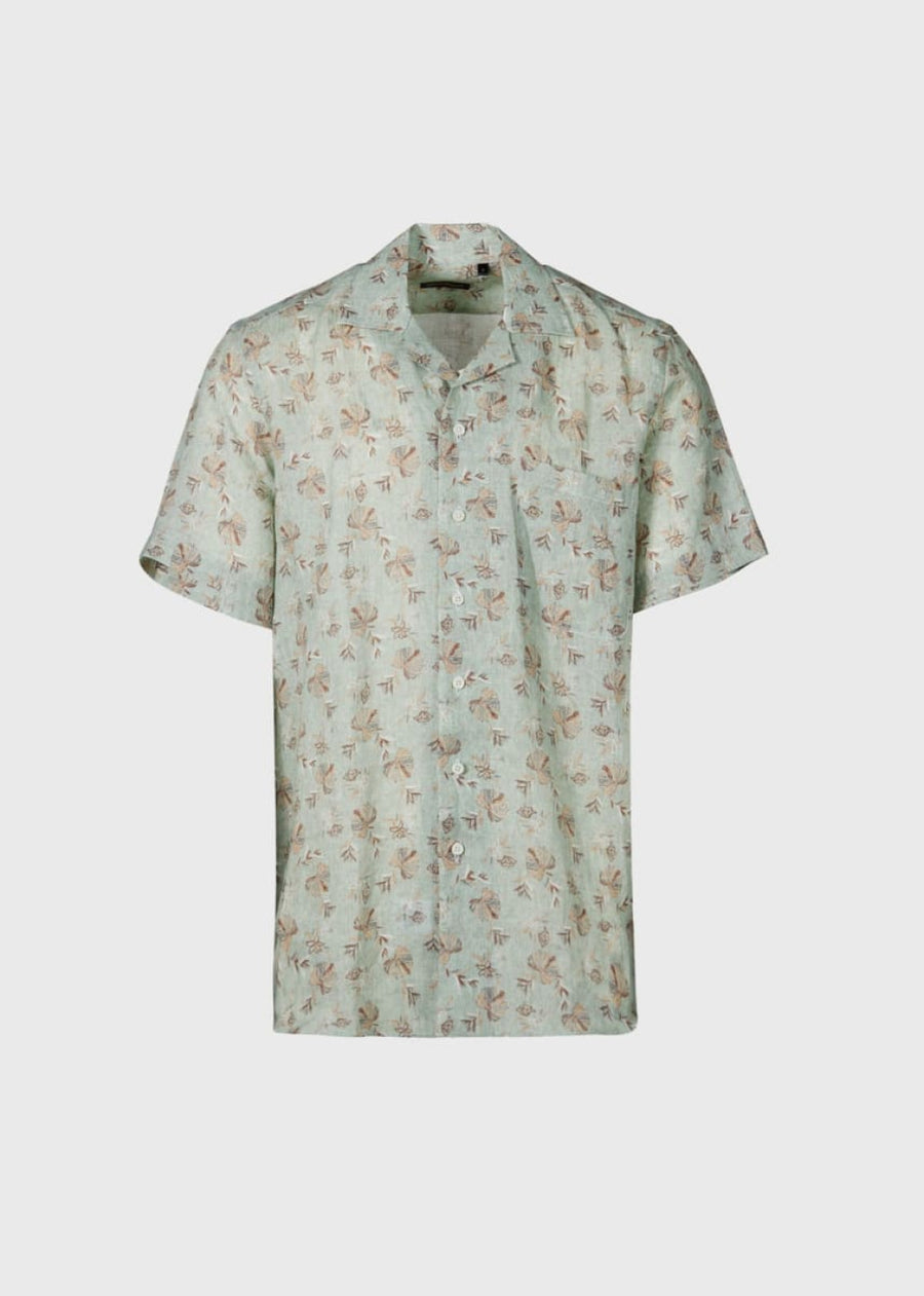 Linen Leaf Print Camp Shirt - Mint - XL (44) - Button Down Shirt