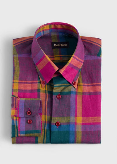Linen Madras Sport Shirt - Green - S (38) - Collared Shirt
