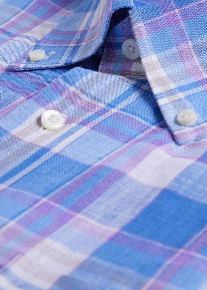 Linen Multicolor Plaid Sport Shirt - Blue/Purple - XL (44) - Collared Shirt