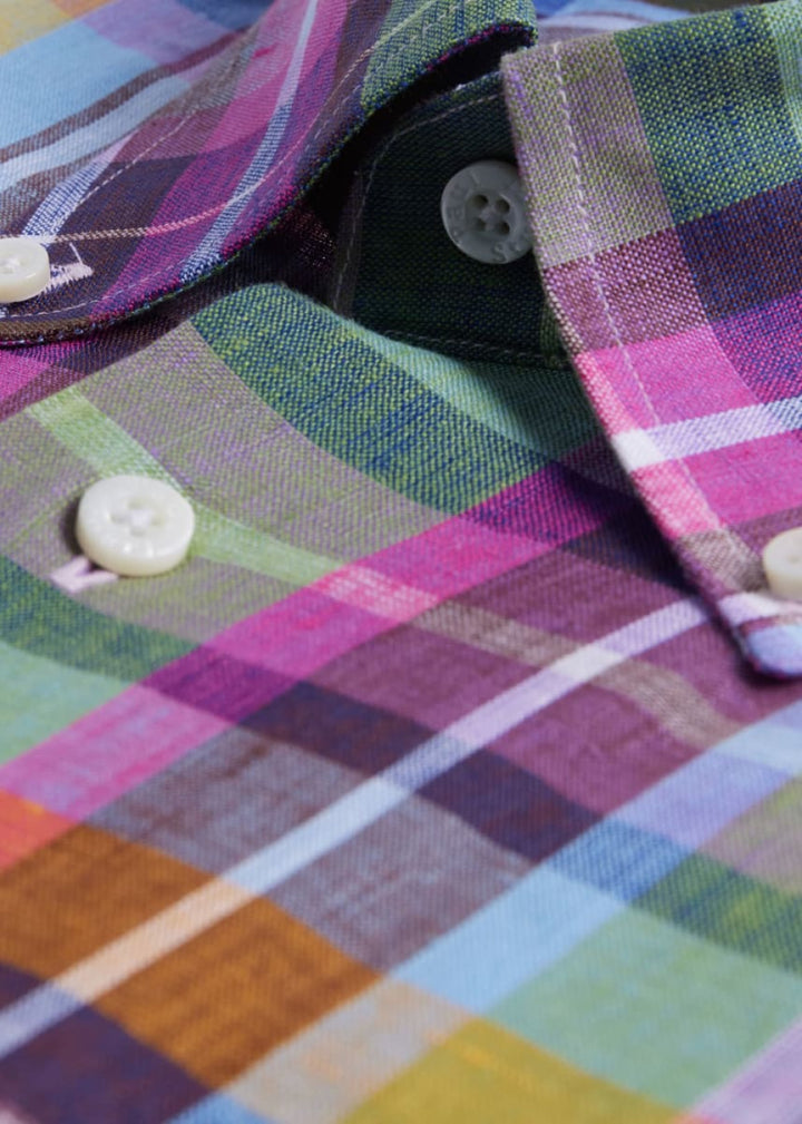 Linen Multicolor Plaid Sport Shirt - Green/Pink - XL (44) - Collared Shirt