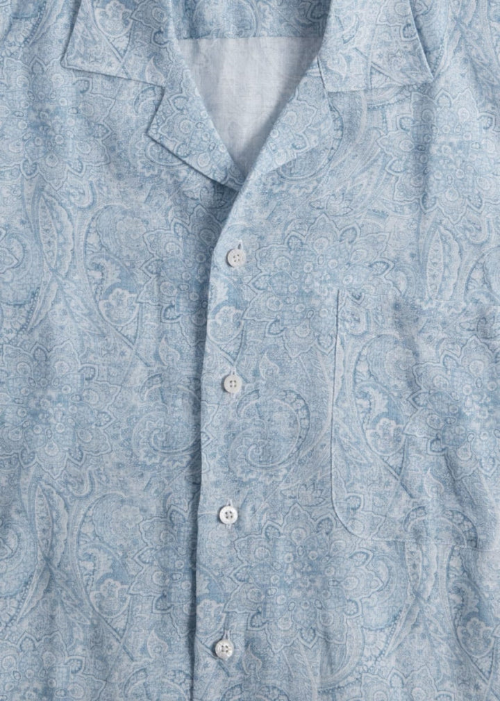 Linen Paisley Print Camp Shirt - Light Blue - Collared Shirt