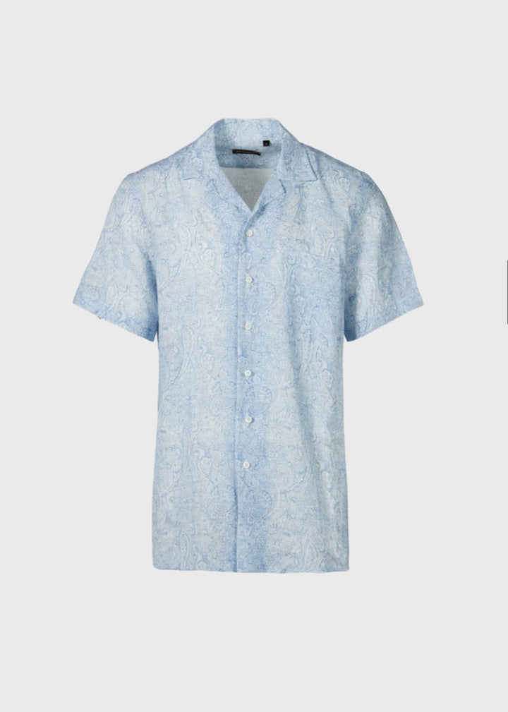 Linen Paisley Print Camp Shirt - Light Blue - Collared Shirt