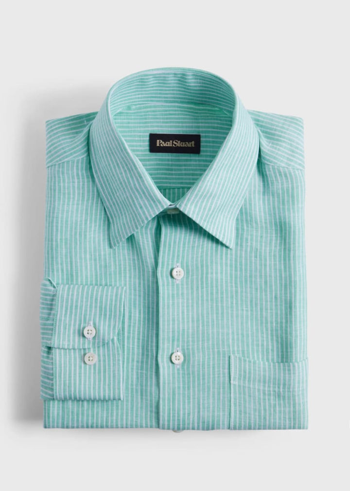 Linen Pencil Stripe Sport Shirt - Green - Collared Shirt