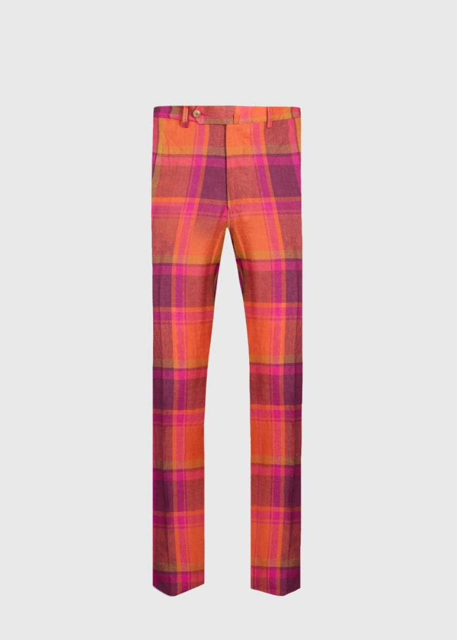 Linen Plaid Dress Trouser - Coral - Trouser