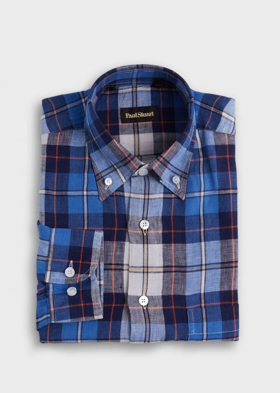 Linen Plaid Sport Shirt - Blue/Red - Collared Shirt