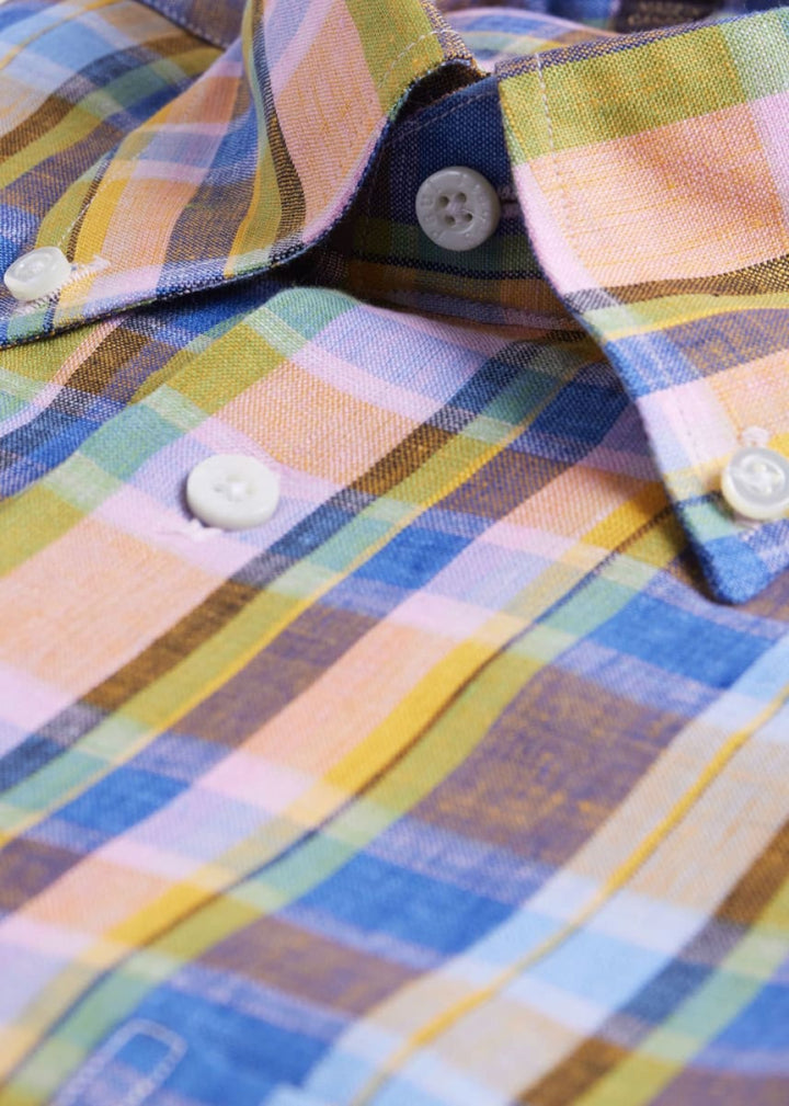 Linen Plaid Sport Shirt - Orange/Green - Collared Shirt