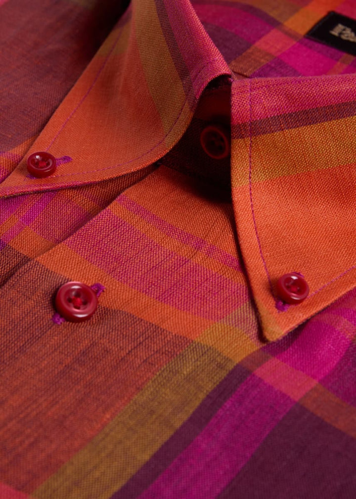 Linen Plaid Sport Shirt - Red - Collared Shirt