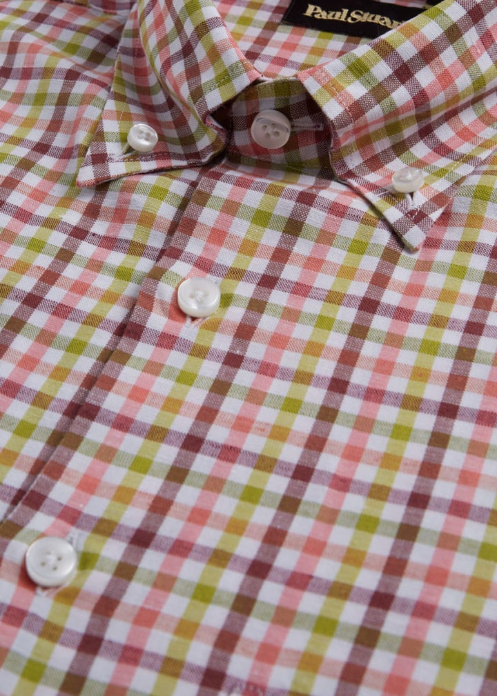 Linen Small Check Sport Shirt - Burgundy/Lime - XL (44) - Collared Shirt