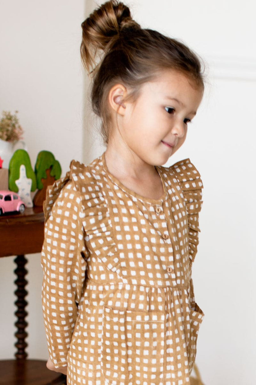 Little Fry Little Dress - Ochre Gingham Organic - Dresses