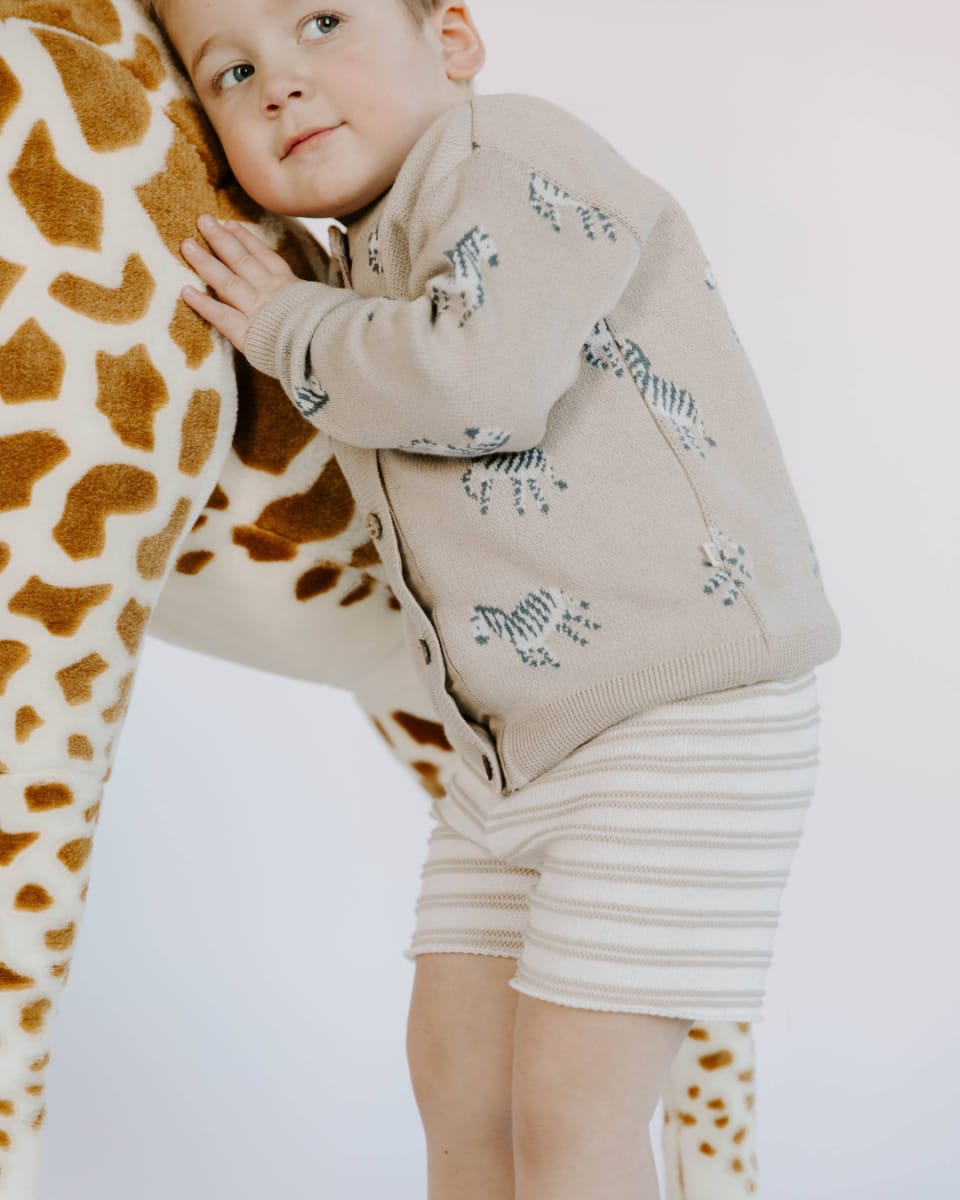 Organic Cotton Knit Jacquard Cardigan in Zebra - Mushroom