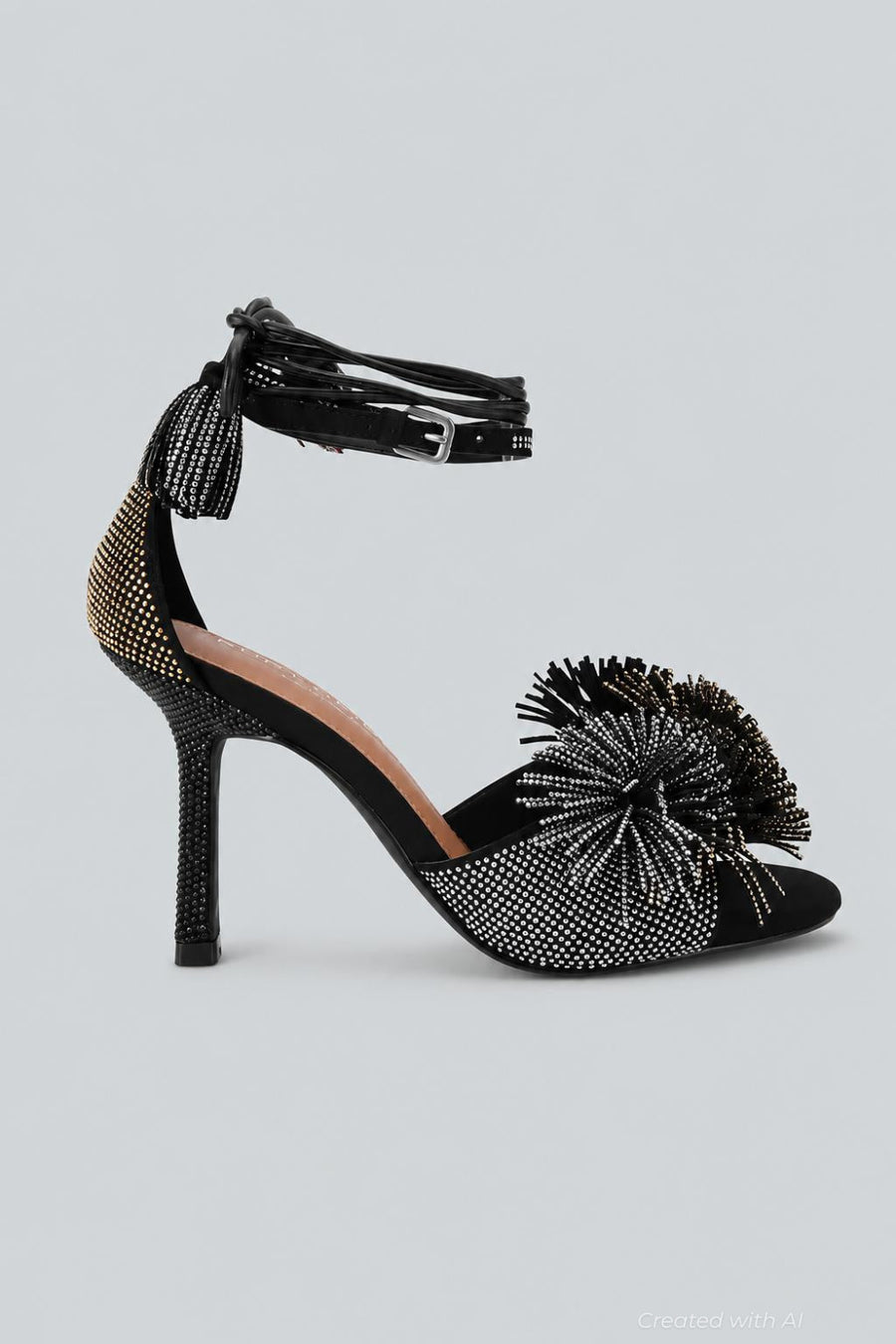 London Suede Pom Pom Ankle Tie Sandals - Charcoal - 9.5 - Flip Flops
