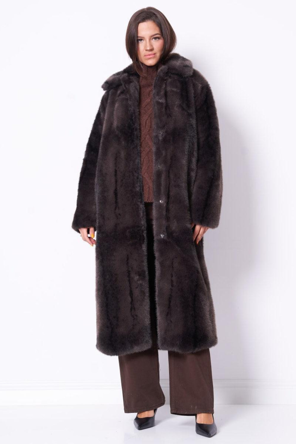 Long Brown Faux Fur Coat - Coffee Brown - Coat