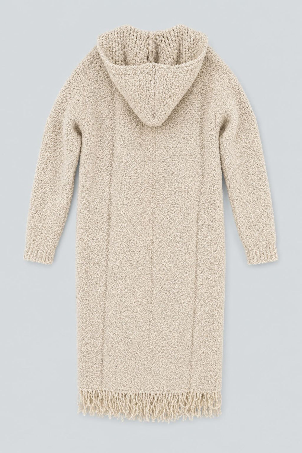Long Hooded Cardigan With Fringe - Tan - Cardigan