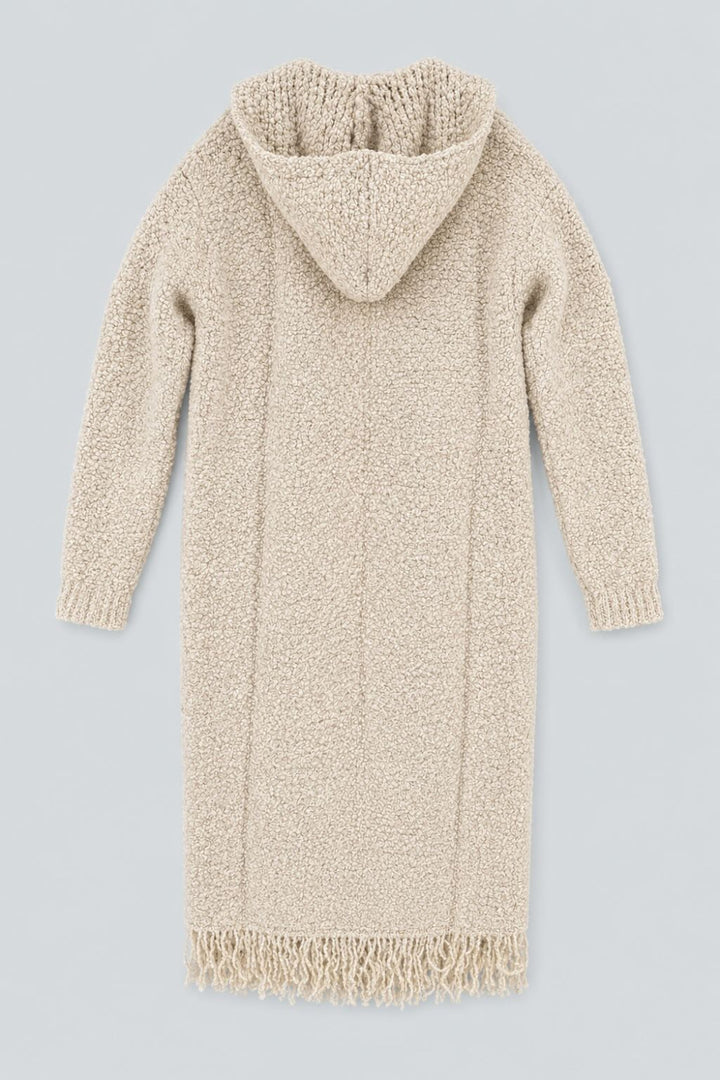 Long Hooded Cardigan With Fringe - Tan - Cardigan