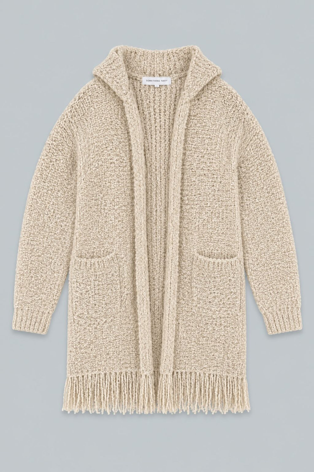 Long Hooded Cardigan With Fringe - Tan - Cardigan