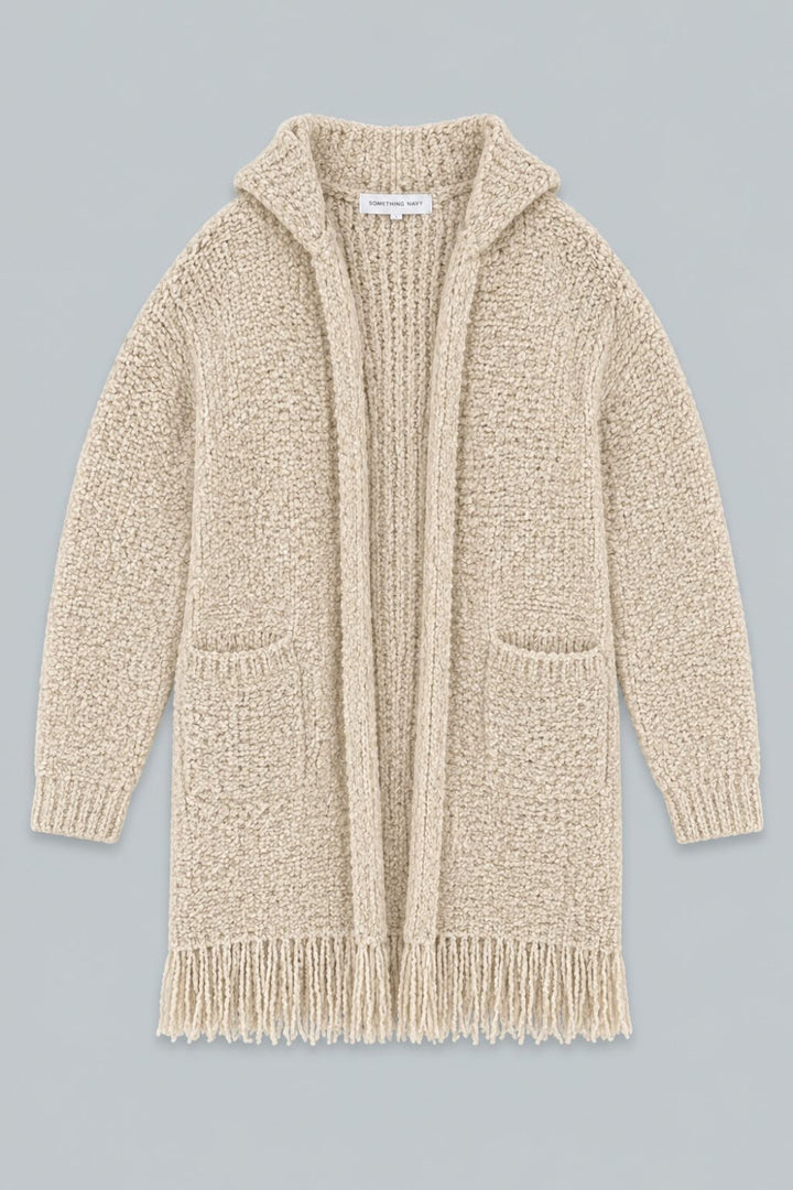 Long Hooded Cardigan With Fringe - Tan - Cardigan