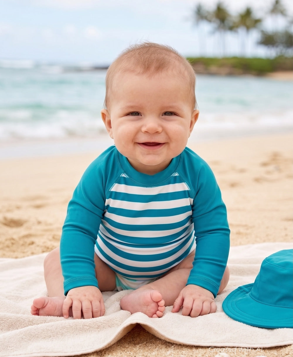 Long Sleeve Baby Rash Guard - Stripes In Teal - 3-6m - Rash Guard