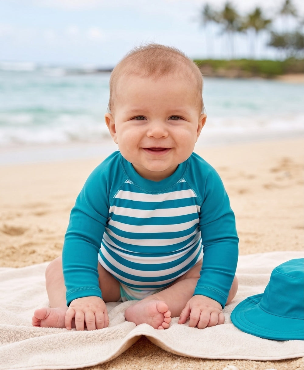Long Sleeve Baby Rash Guard - Stripes In Teal - 3-6m - Rash Guard