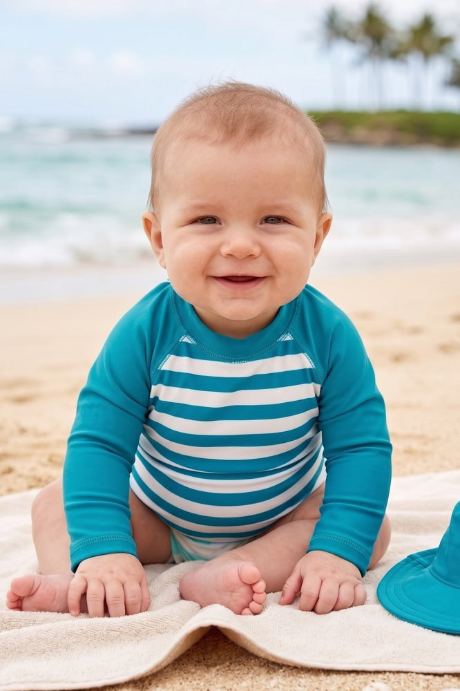 Long Sleeve Baby Rash Guard - Stripes In Teal - 3-6m - Rash Guard