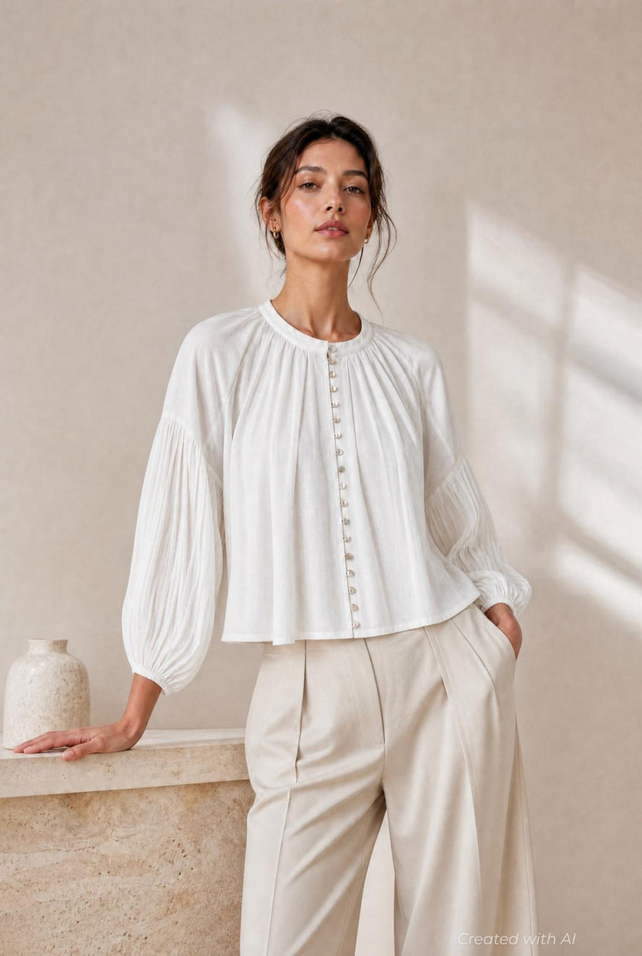 Long Sleeve Flowy Button Up - White - Button Down Shirt