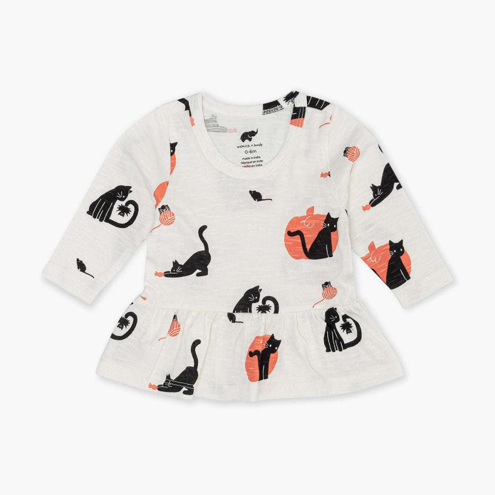 Long Sleeve Peplum Tee - Midnight Meow - 0-6m - T-shirt