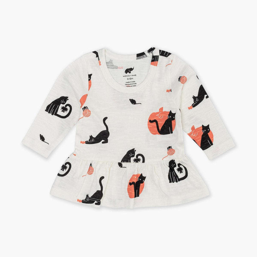 Long Sleeve Peplum Tee - Midnight Meow - 0-6m - T-shirt