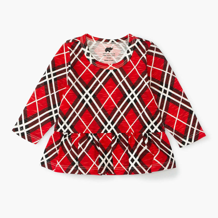Long Sleeve Peplum Top - Classic Red Plaid - Shirt